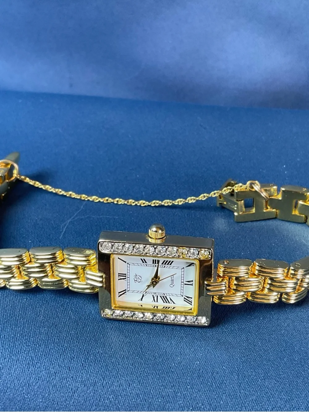 Gold Tone Rhinestone Dress Watch Rectangular Face Roman Numerals Quartz